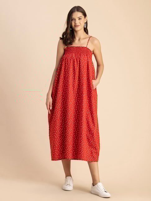 Moomaya Red & White Cotton Printed Midi Dress-picture-14