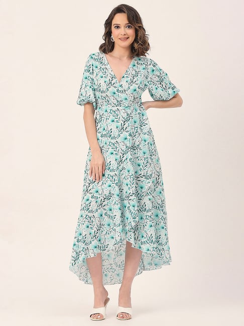 Buy Moomaya Mint Green Floral Print Wrap Dress for Women Online