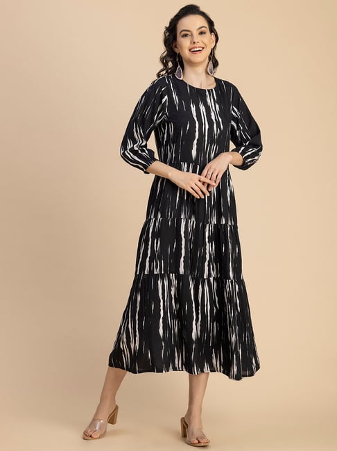 Moomaya Black & White Printed Midi Dress-picture-28