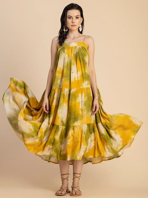 Moomaya Yellow & Green Printed Midi Dress-picture-33