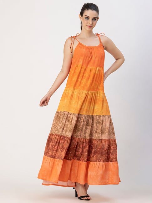 Moomaya Orange Color-Block Maxi Dress-picture-18
