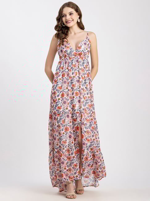 Moomaya White & Red Floral Print Maxi Dress-picture-22
