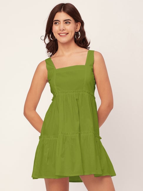 Moomaya Light Green Cotton Regular Fit A Line Dress