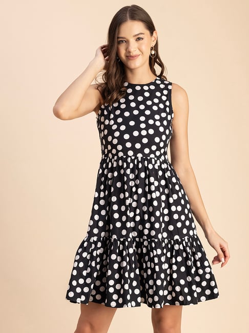Buy Moomaya Black & White Cotton Polka Dot Fit & Flare Dress for Women  Online @ Tata CLiQ