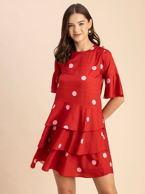 Moomaya Red & White Polka Dot A Line Dress-picture-19