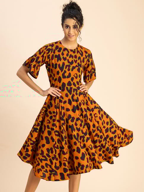 Moomaya Orange & Black Printed A Line Dress-picture-13