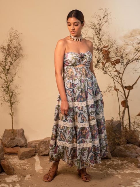 LABEL REYYA Blue Boho Paisely Printed Resort Maxi Dress
