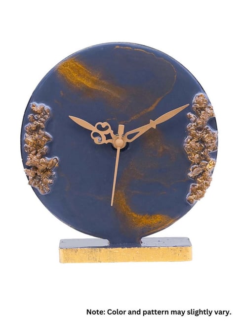 CHRONIKLE Gold & Blue Resin Elegant Round Shade & Stone Art Analog Table Clock-picture-10