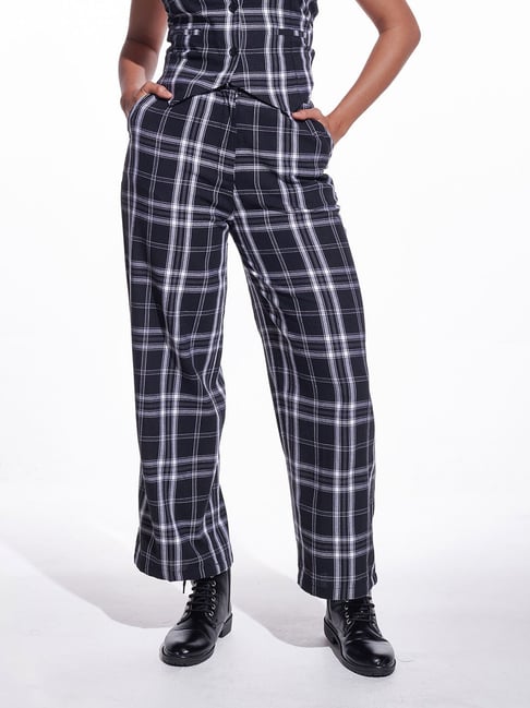 IZF Black Check Relaxed Fit High Rise Pants