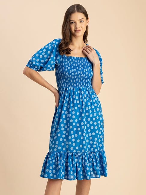 Buy Moomaya Jet Blue Cotton Polka Dot Fit Flare Dress for Women