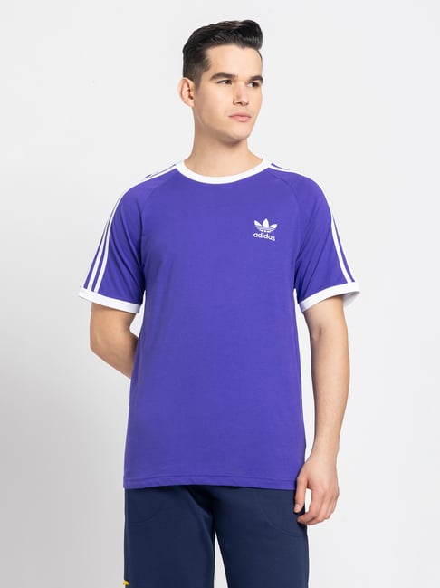 Adidas Originals Purple Regular Fit Striped Cotton T-Shirt - Main Image