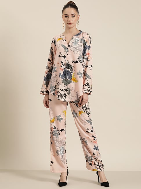 Qurvii Peach Printed Top With Pants