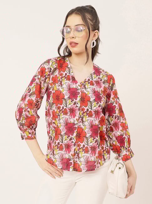 Moomaya Red & White Cotton Floral Print Shirt-picture-23