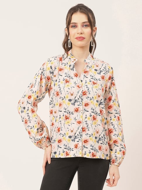 Moomaya Peach Cotton Floral Print Shirt-picture-10