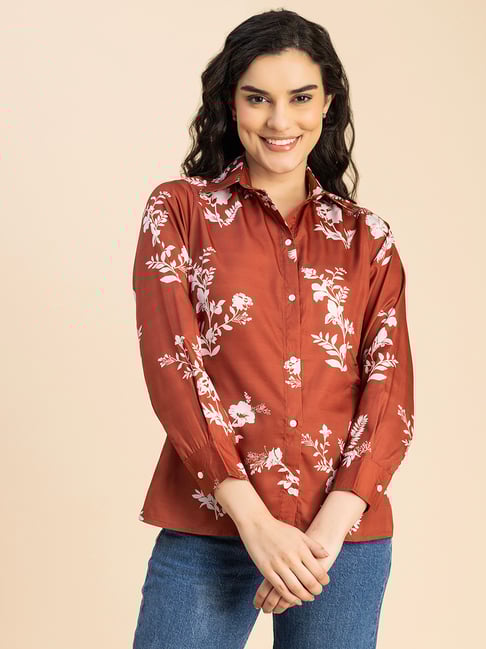 Moomaya Brown Floral Print Shirt-picture-13