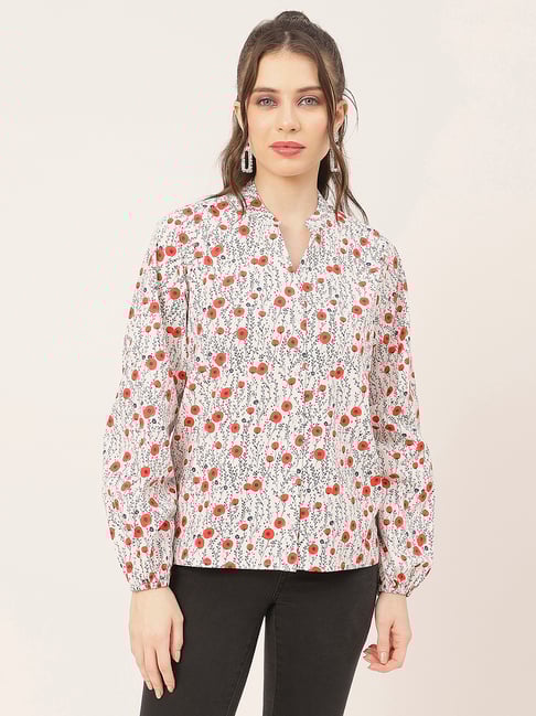 Moomaya Red & White Cotton Floral Print Shirt-picture-10