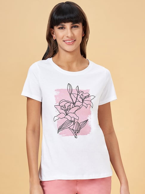 Honey by Pantaloons White Cotton Floral Print T-Shirt