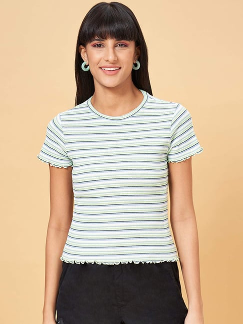 People by Pantaloons Pastel Green Cotton Striped T-Shirt