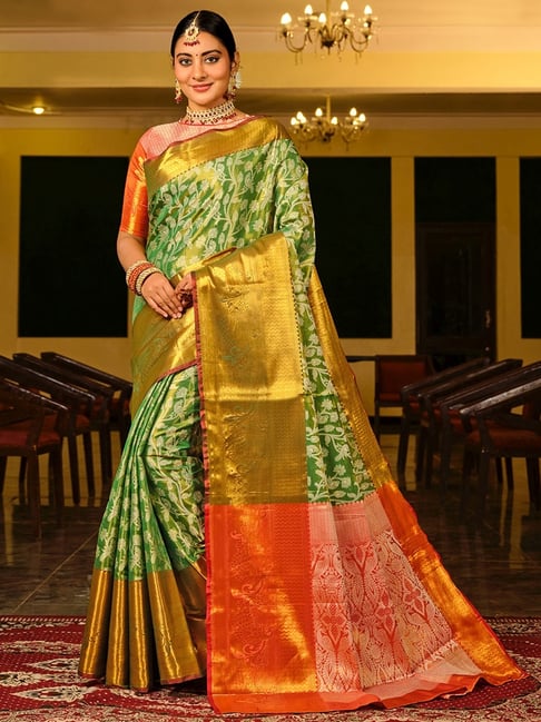 Women Green Saree & Golden Striped Sequinned Work Saree