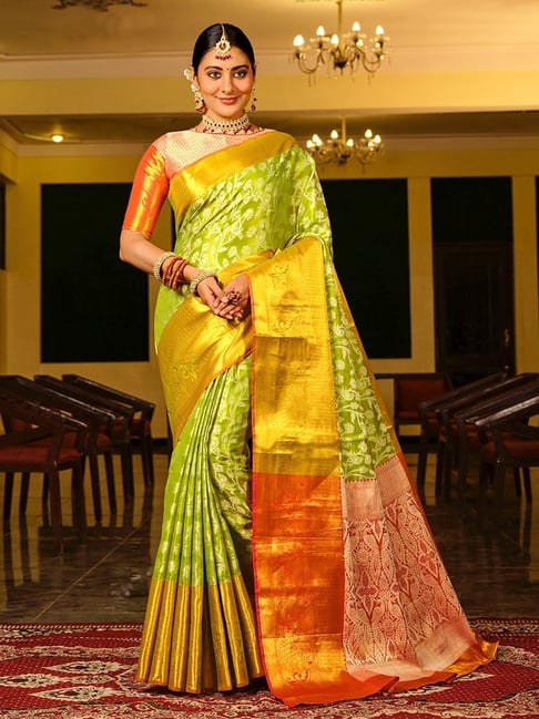 Chanderi silk saree Orange saree Green Blouse mirror work blouse hand –  Nihira