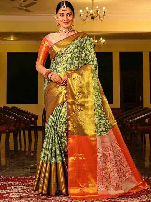 Buy JUST FASHION Green Orange Silk Saree With Unstitched Blouse