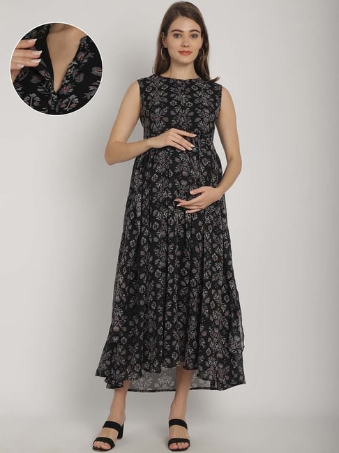 Moms Maternity Black Floral Print Maternity Maxi Dress