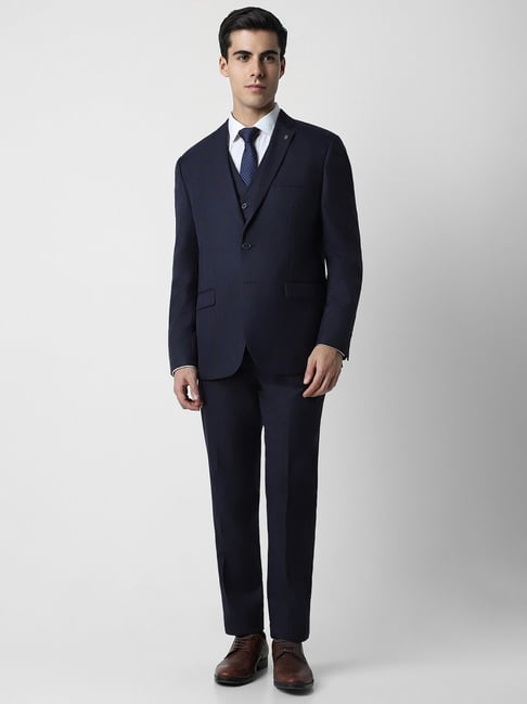 Van Heusen Navy Slim Fit Checks Three Piece Suits-picture-38