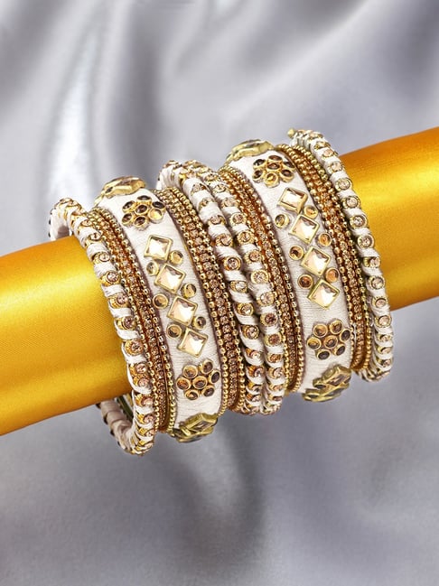 Peora White Silk Thread Fabric Stone Studded Kundan Chuda Bangle - Set of 18-picture-44