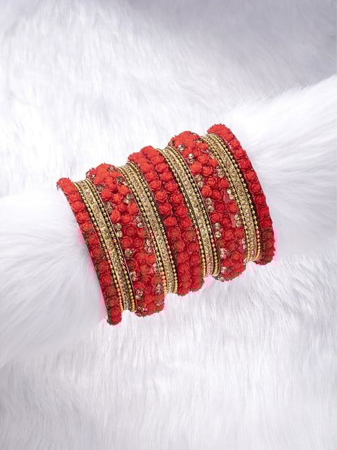 Peora Gold-Plated Red Flowers Chuda Bangle - Set of 18-picture-35