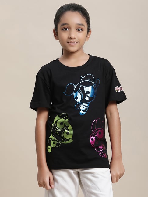 Kidsville Powerpuff Girls Printed Black Relaxed Fit T-Shirt For Girls