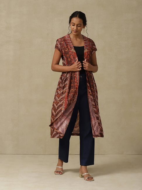 aarke Ritu Kumar Rust Printed Long Shrug