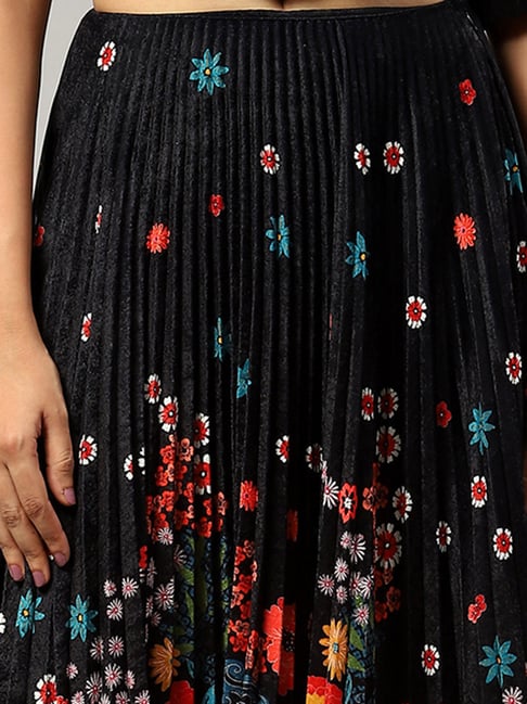 Label Ritu Kumar Black Velvet Floral Print Midi Skirt