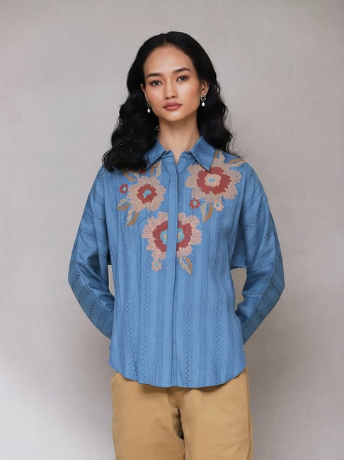 aarke Ritu Kumar Blue Embroidered Shirt-picture-28