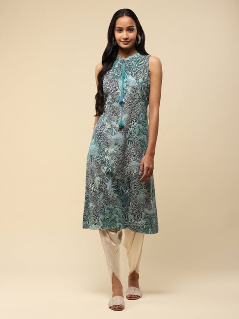 aarke Ritu Kumar Green & Blue Cotton Floral Print Kurta-picture-22