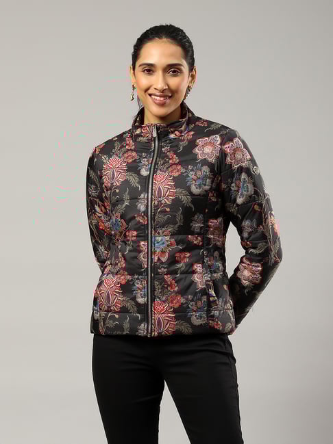 Label Ritu Kumar Black Red Floral Print Puffer Jacket
