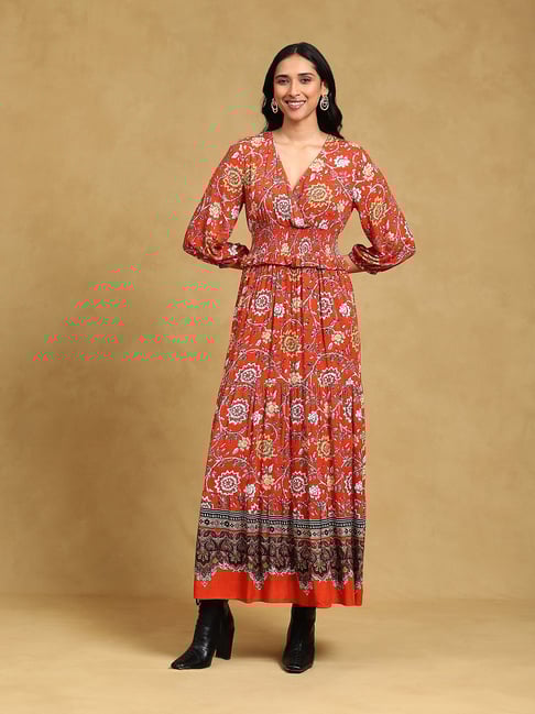 Label Ritu Kumar Red Floral Print Maxi Dress