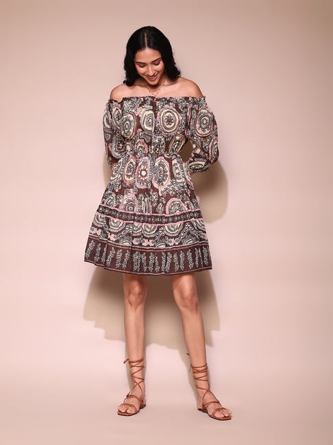 Buy Label Ritu Kumar Brown Cotton Floral Print Fit & Flare Dress for Women  Online @ Tata CLiQ