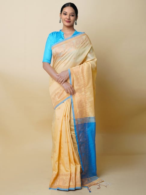 Buy the yellow and teal blue silk waving worked silk saree online - Kreeva
