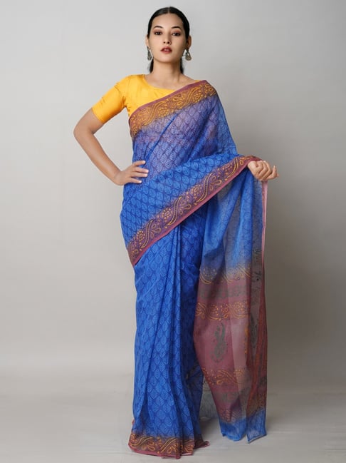 Dainty Weaving Blue and Cream Classic Saree