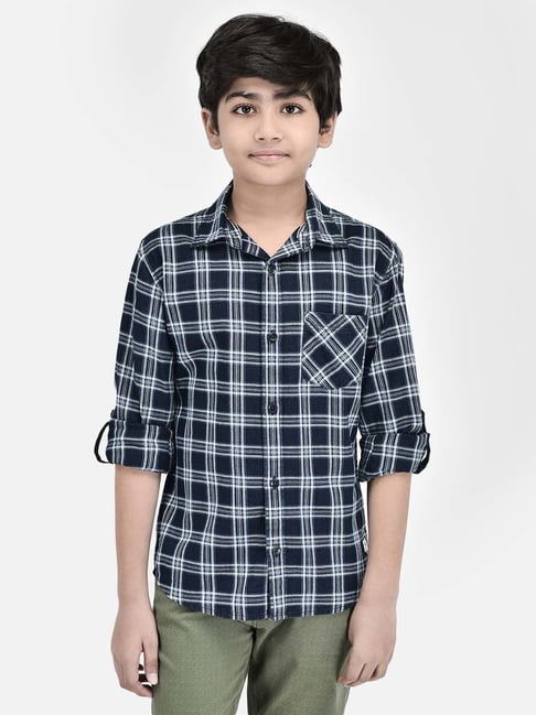 Crimsoune Club Kids White & Navy Cotton Chequered Full Sleeves Shirt-picture-24