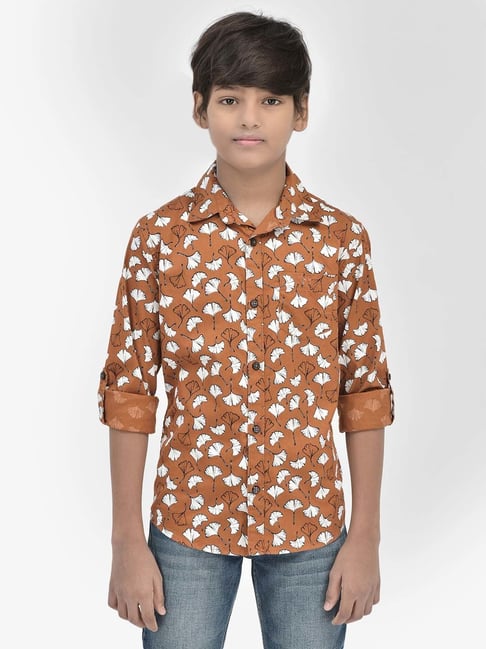 Crimsoune Club Kids Brown & White Cotton Floral Print Full Sleeves Shirt-picture-36