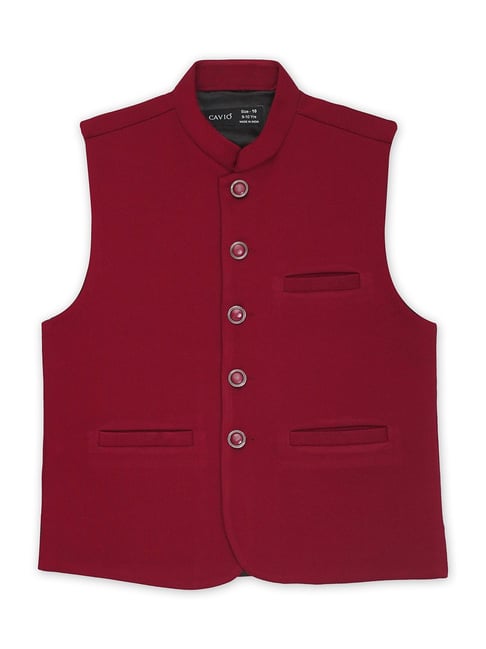 Cavio Kids Maroon Solid Nehru Jacket