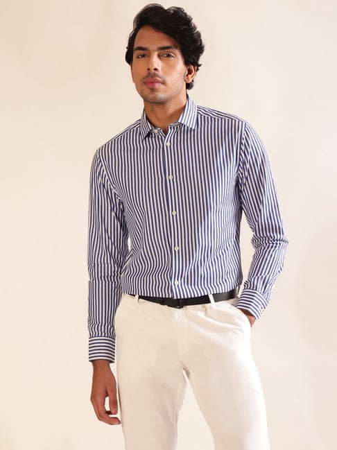 ANDAMEN Blue Regular Fit Striped Cotton Shirt-picture-33