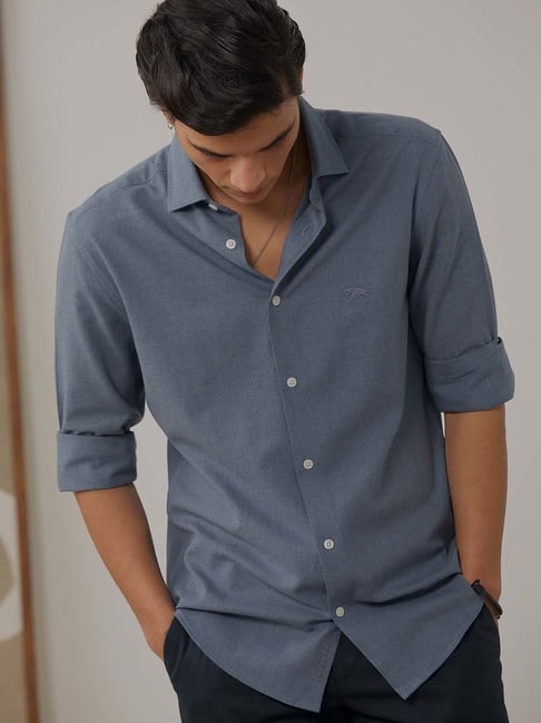 ANDAMEN Blue Slim Fit Cotton Shirt-picture-36