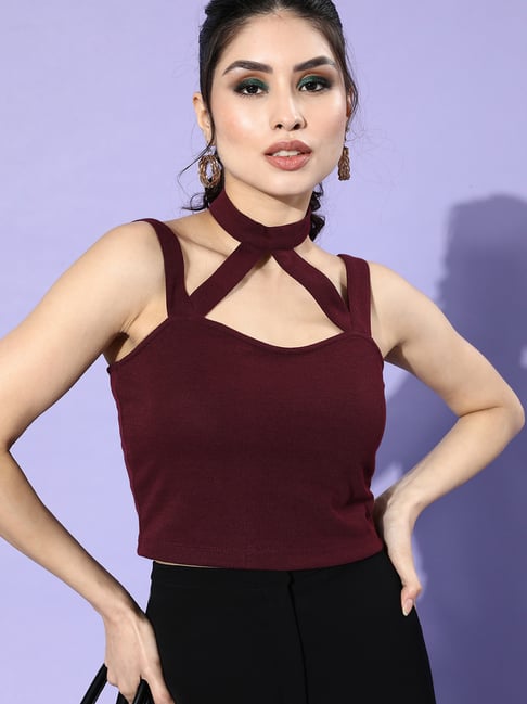 KASSUALLY Burgundy Relaxed Fit Crop Top-picture-13