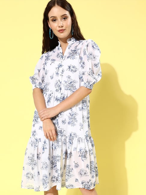 Buy KASSUALLY White Navy Floral Print Shirt Dress With Inner for