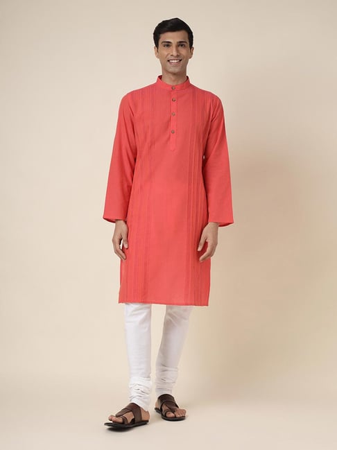 Fabindia Red Slim Fit Self Design Kurta