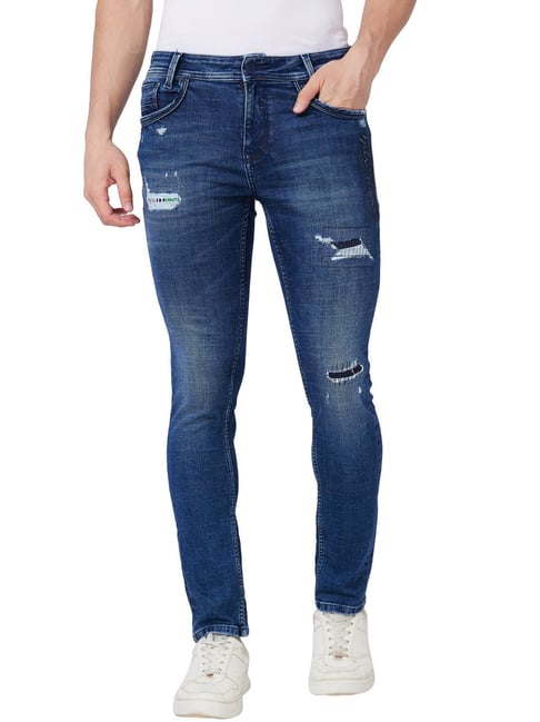 Buy Spykar Blue Cotton Skinny Fit Distressed Jeans for Mens Online