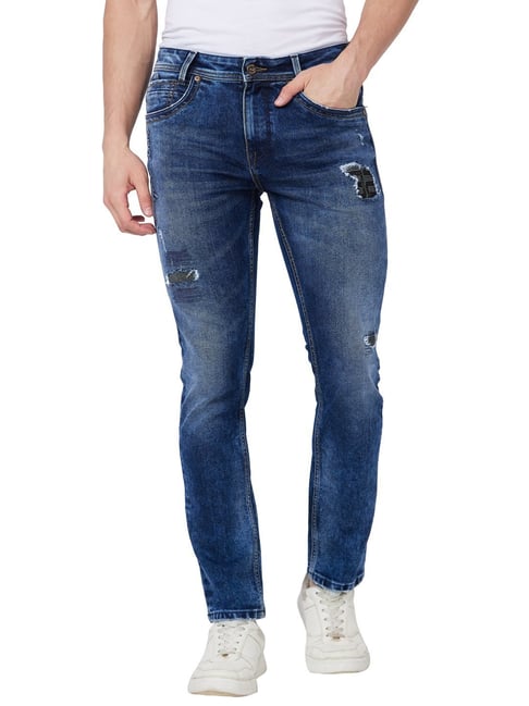 Buy Spykar Blue Cotton Regular Fit Distressed Jeans for Mens