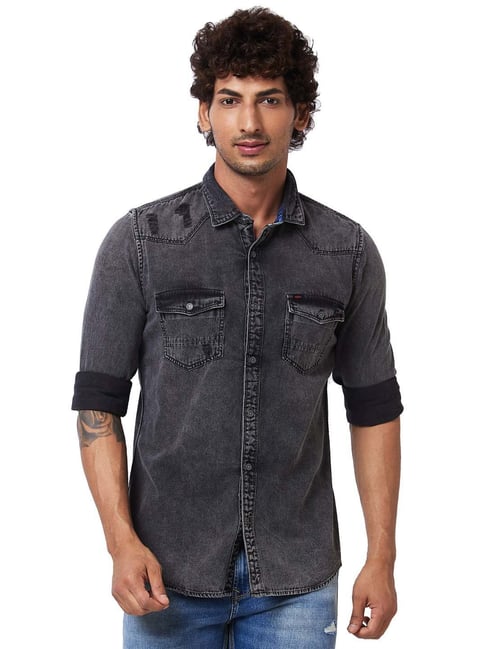 Spykar Black Cotton Regular Fit Denim Shirt